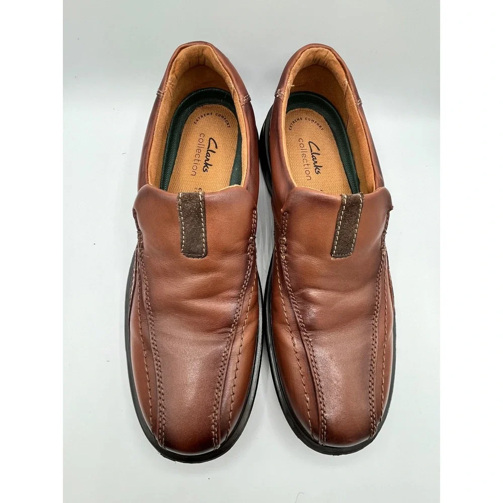 Clarks Men Brown Leather Slip On Loafers Extreme Comfort Bicycle Toe Sz 10M